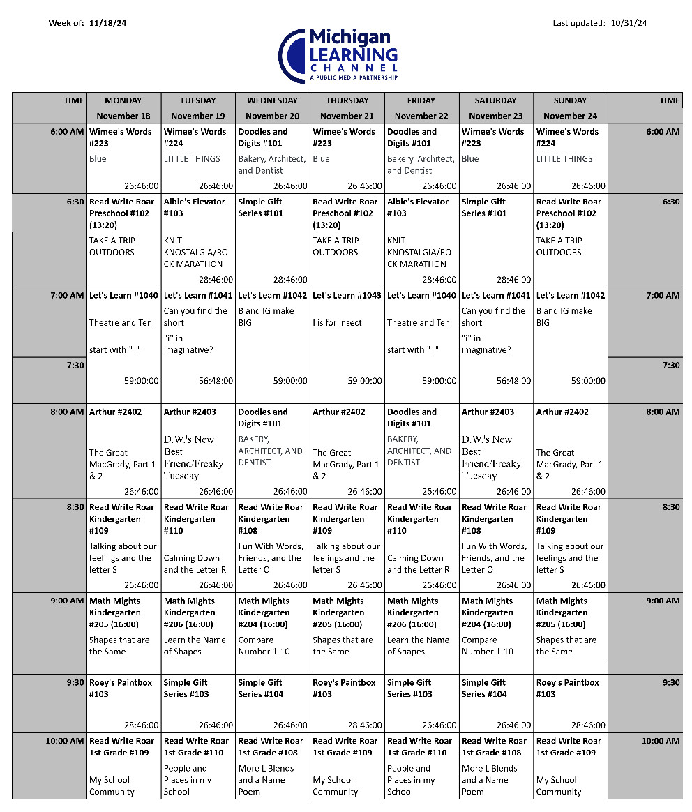 Image of Downloadable 34.5 Michigan Learning Chhanel Schedule