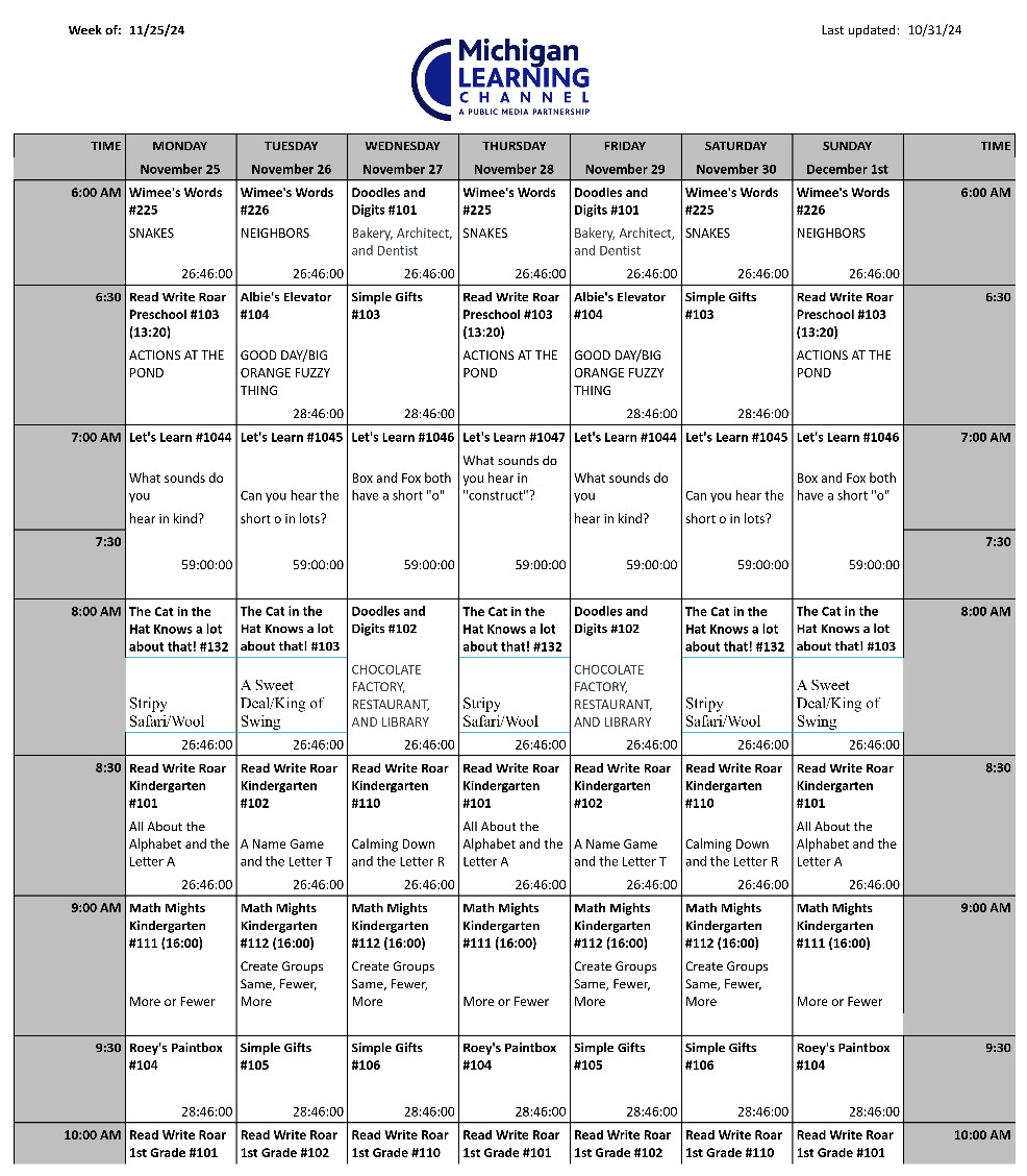 Image of Downloadable 34.5 Michigan Learning Chhanel Schedule